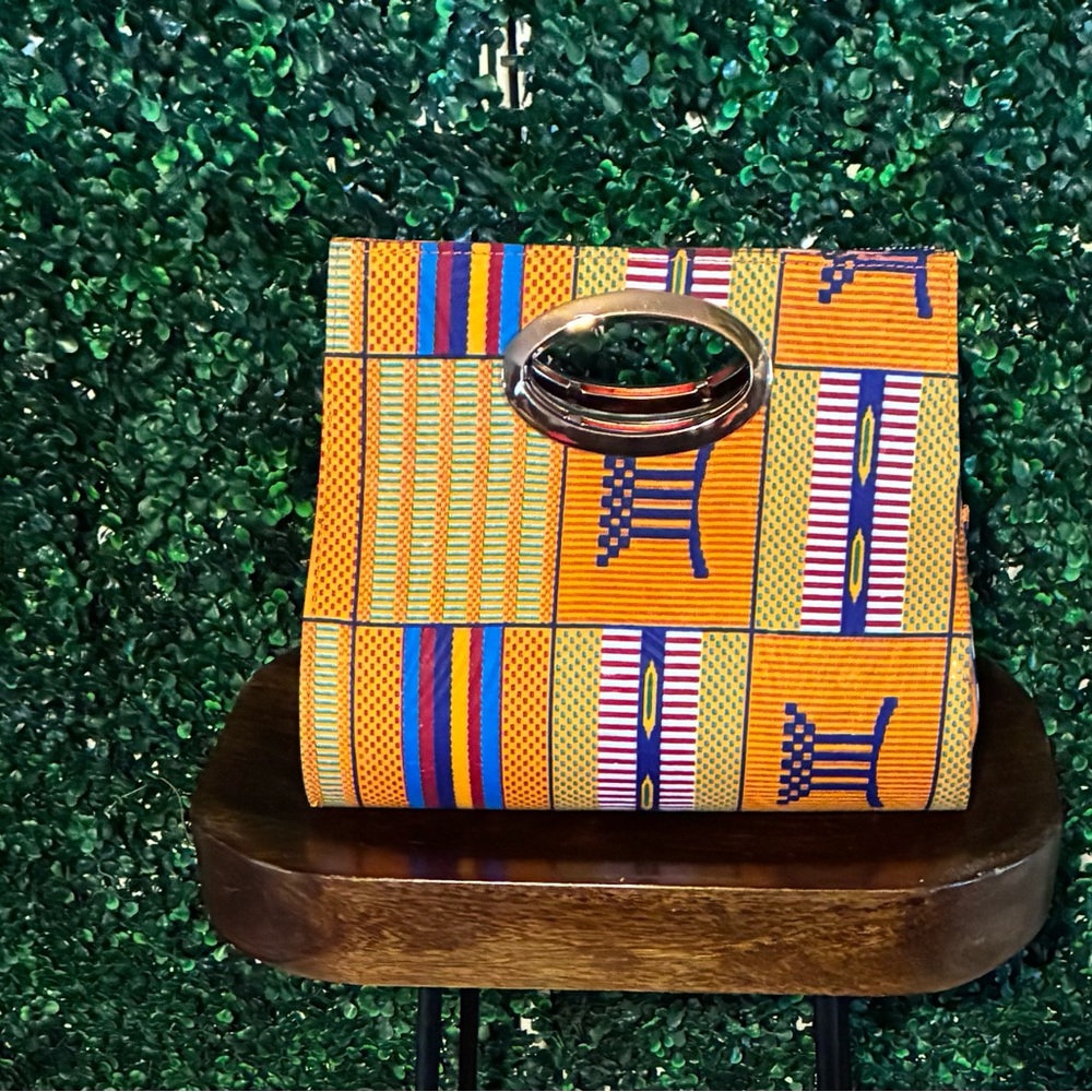 Two For One Kente And Ankara Print Orange Structured Top-Handle Bag